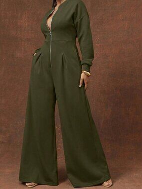 Army Green Elegant Women's Fleece Sweatshirt Long Sleeve Wide Leg Jumpsuit